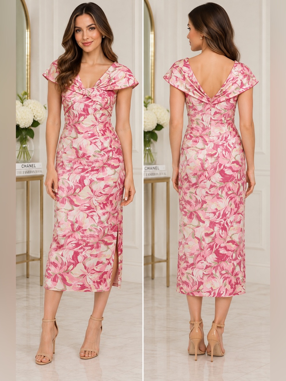 NEW JS Collections “Marina” Off-the-Shoulder Floral Sequin Midi Dress – Size 10
